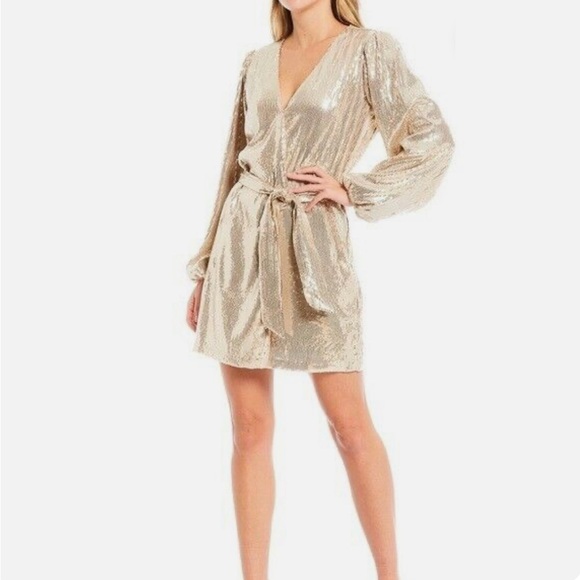 WAYF Champagne Gold Sequin Wrap Dress - Picture 1 of 8